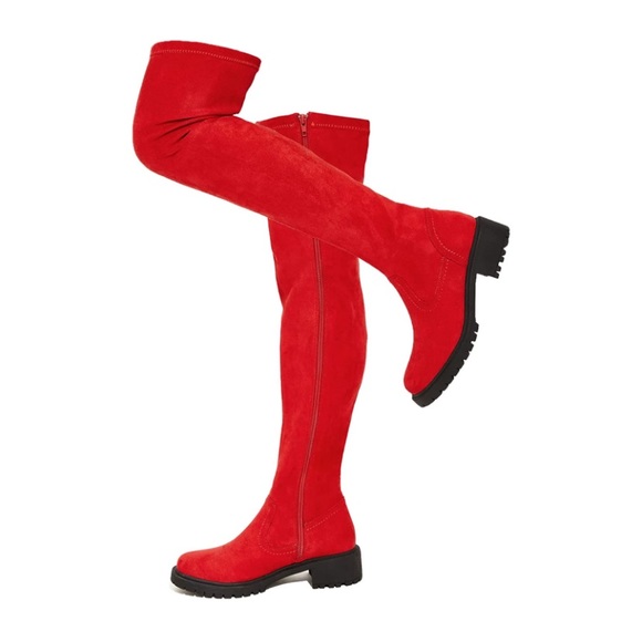 Suede Over The Knee Boots Round Toe Side Zipper Flat Thigh High Boots Red - Picture 4 of 5